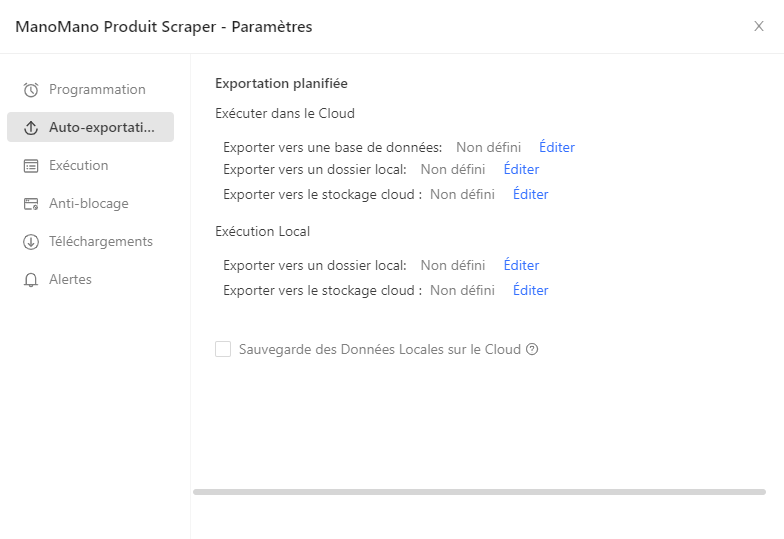 Configuration de l’auto-exportation Octoparse vers une base de données, un dossier local ou un stockage Cloud