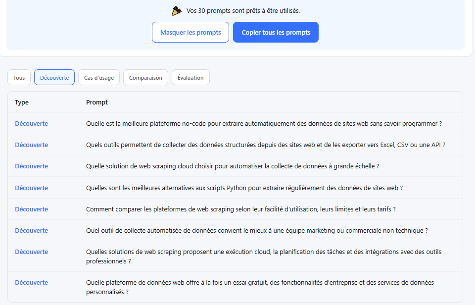Formulaire du générateur de prompts GEO gratuit d'Octoparse, étape 1 de l'audit GEO