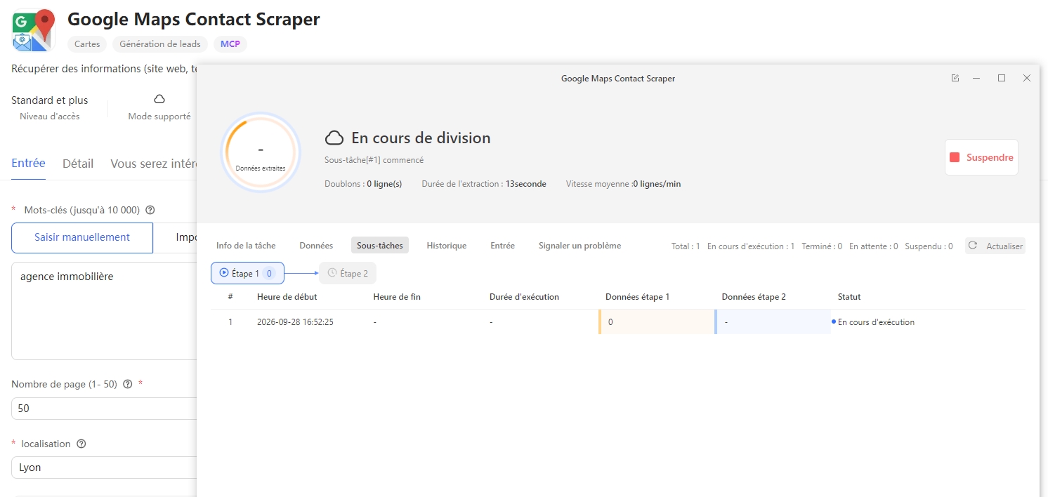 Paramétrage du modèle Google Maps Contact Scraper dans Octoparse : mot-clé agence immobilière, localisation Lyon, extraction en deux étapes
