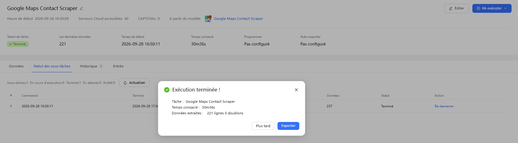 Tâche Octoparse terminée : 221 lignes extraites sans doublon en 30 min 36 s