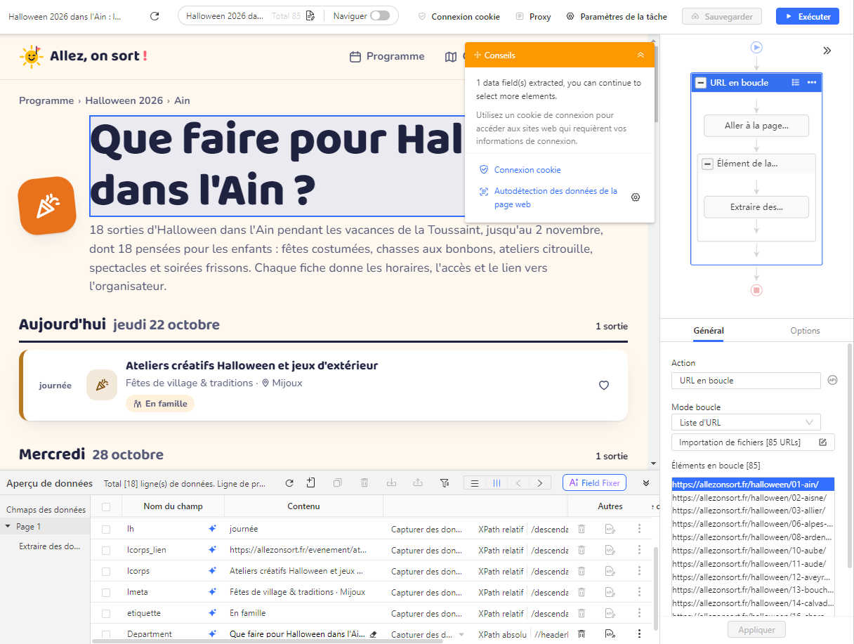 Tâche Octoparse avec une boucle sur 85 URL de départements et l'aperçu des champs extraits