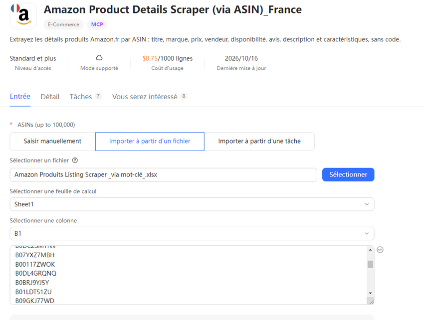 Import d'une liste d'ASIN Amazon.fr dans le modèle Octoparse pour la veille des prix du Q4 e-commerce