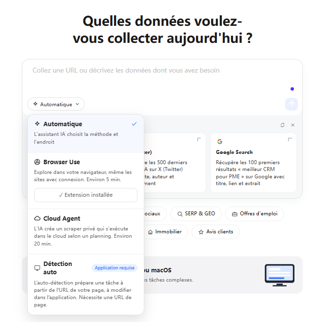 Assistant IA d'Octoparse : modes Automatique, Browser Use, Cloud Agent et Détection auto pour créer un scraper e-commerce