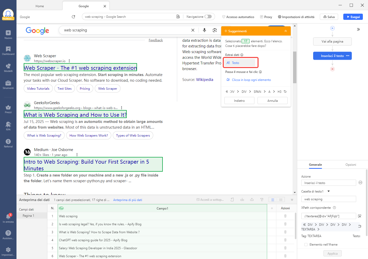 estrarre i risultati