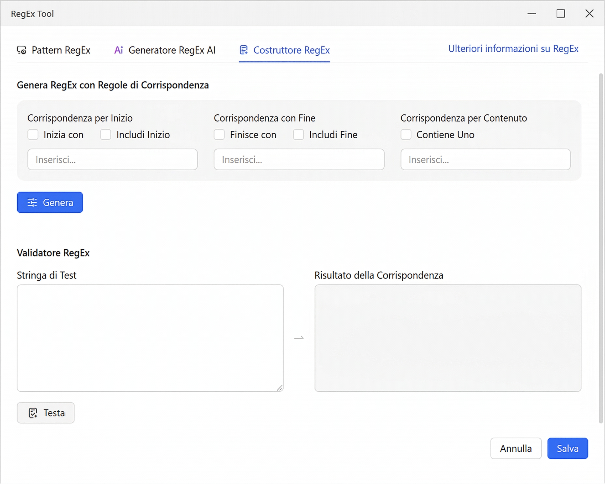 Il costruttore RegEx di Octoparse per generare regole di estrazione e pulizia dei dati.
