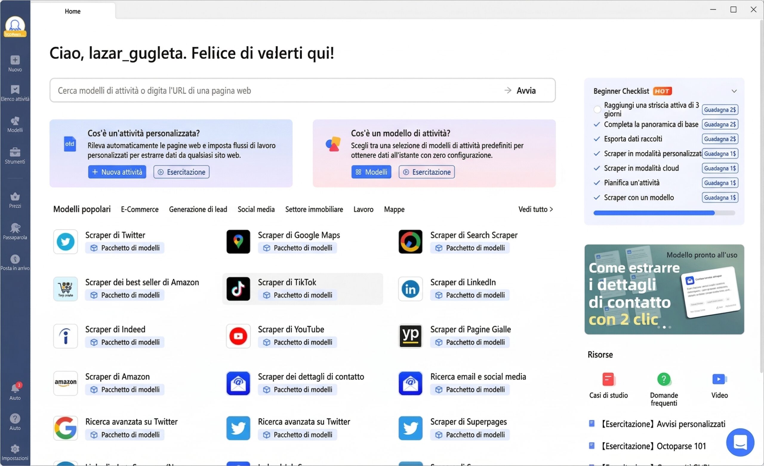 Interfaccia di Octoparse per scraper video tiktok