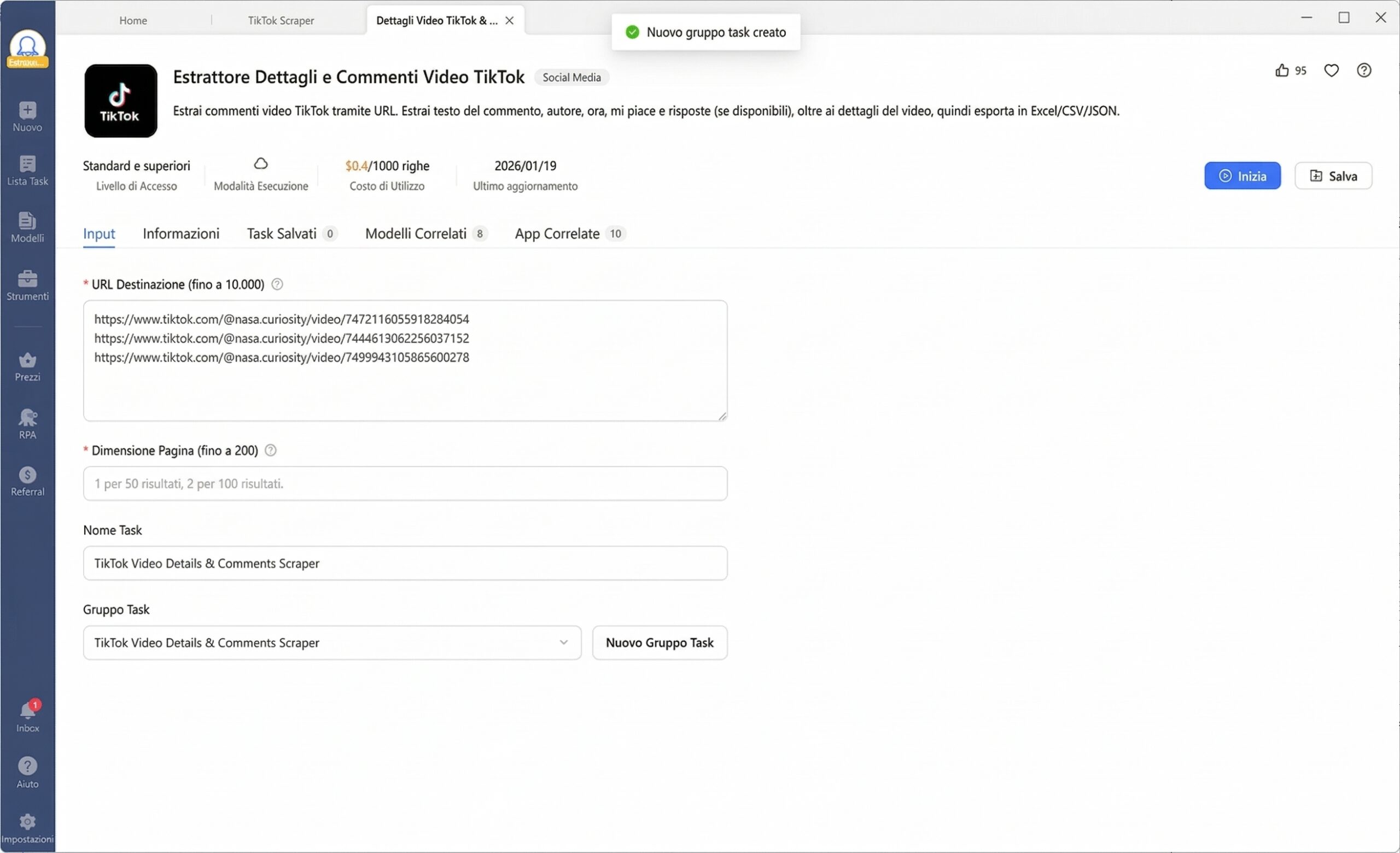 Configurazione del modello scraper video tiktok