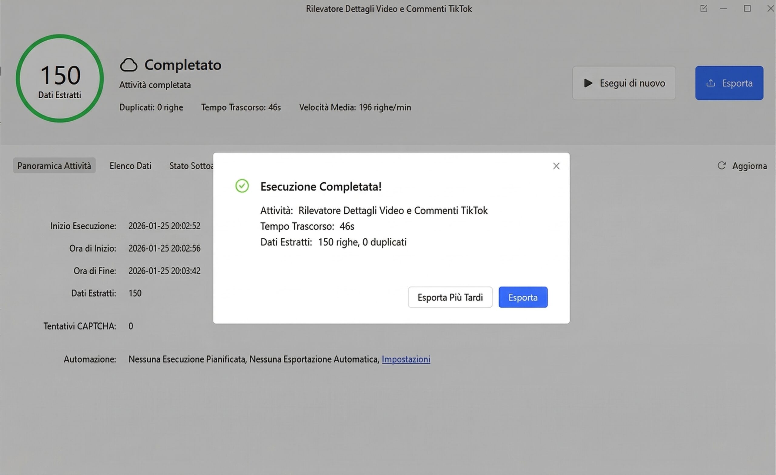 Risultati del modello scraper per dettagli video e commenti
