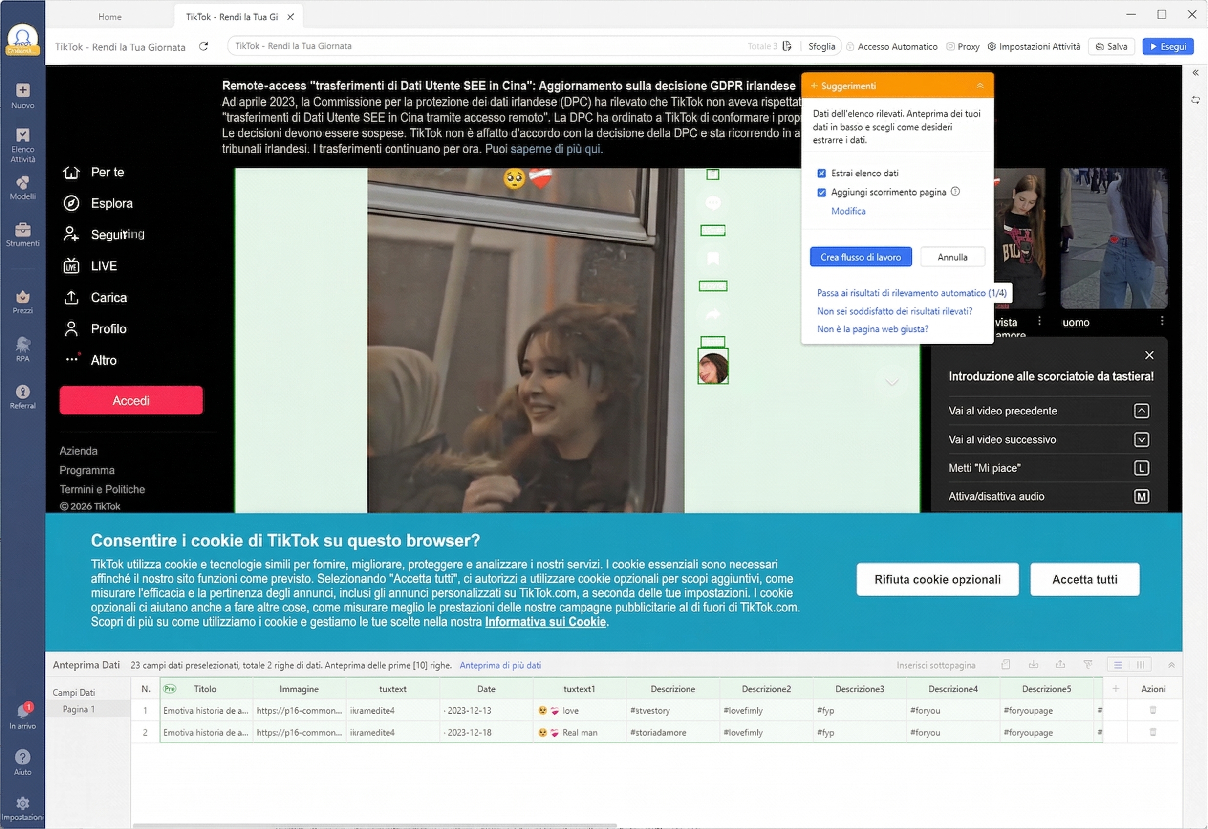 inserire URL nello scraper video tiktok