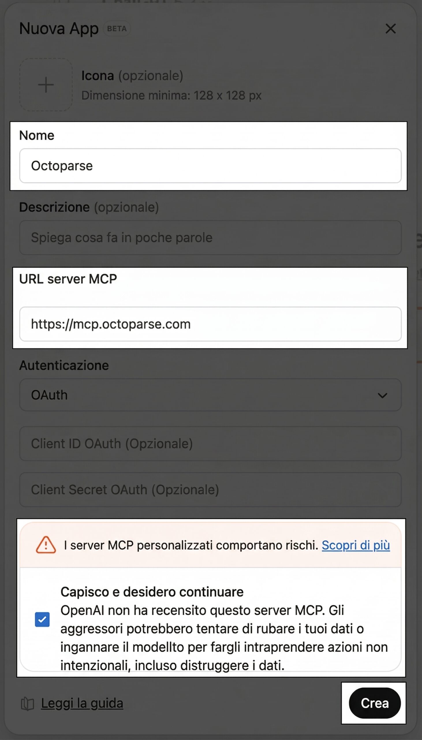creare la configurazione dell'app octoparse