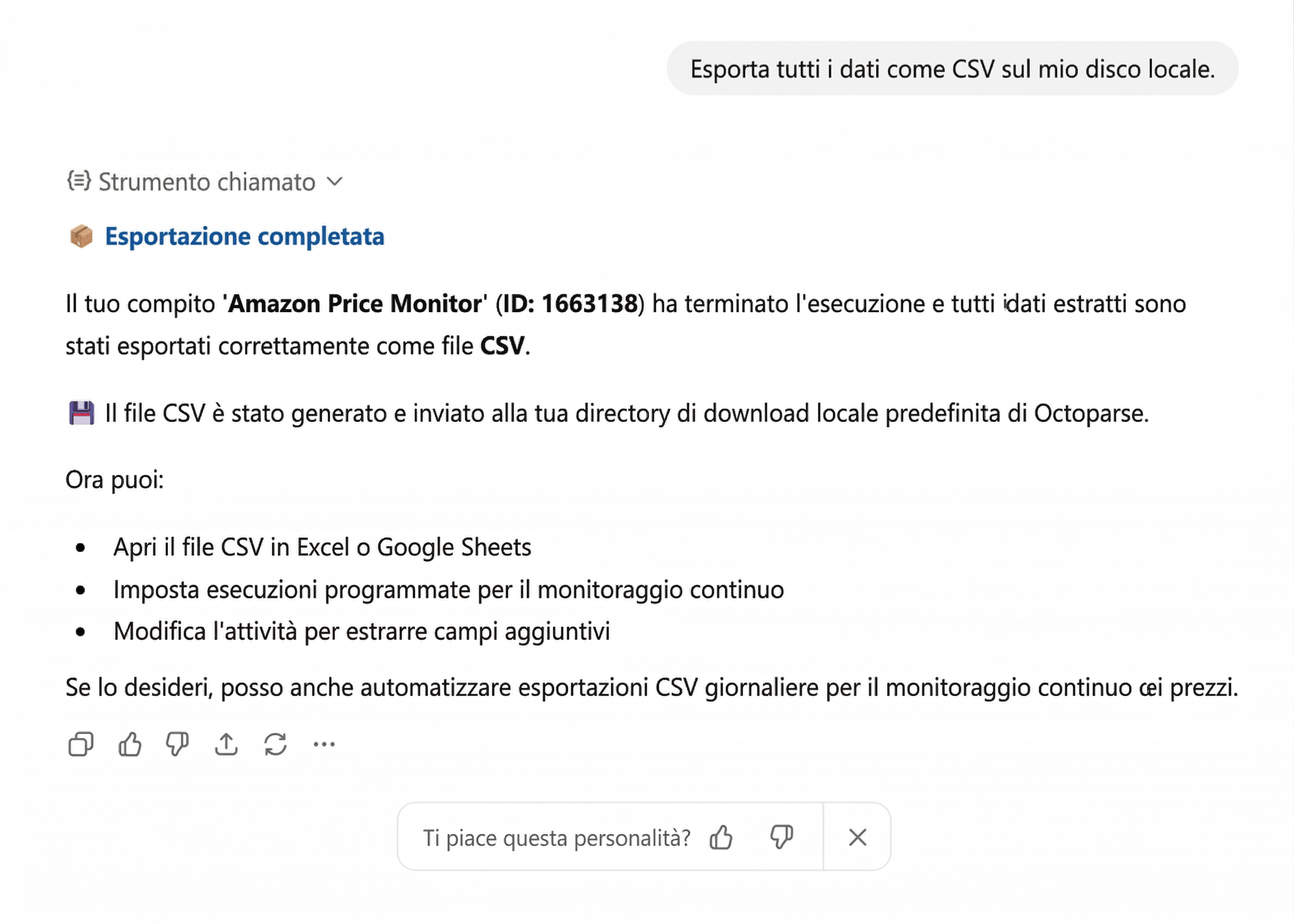 esportare dati csv con chatgpt