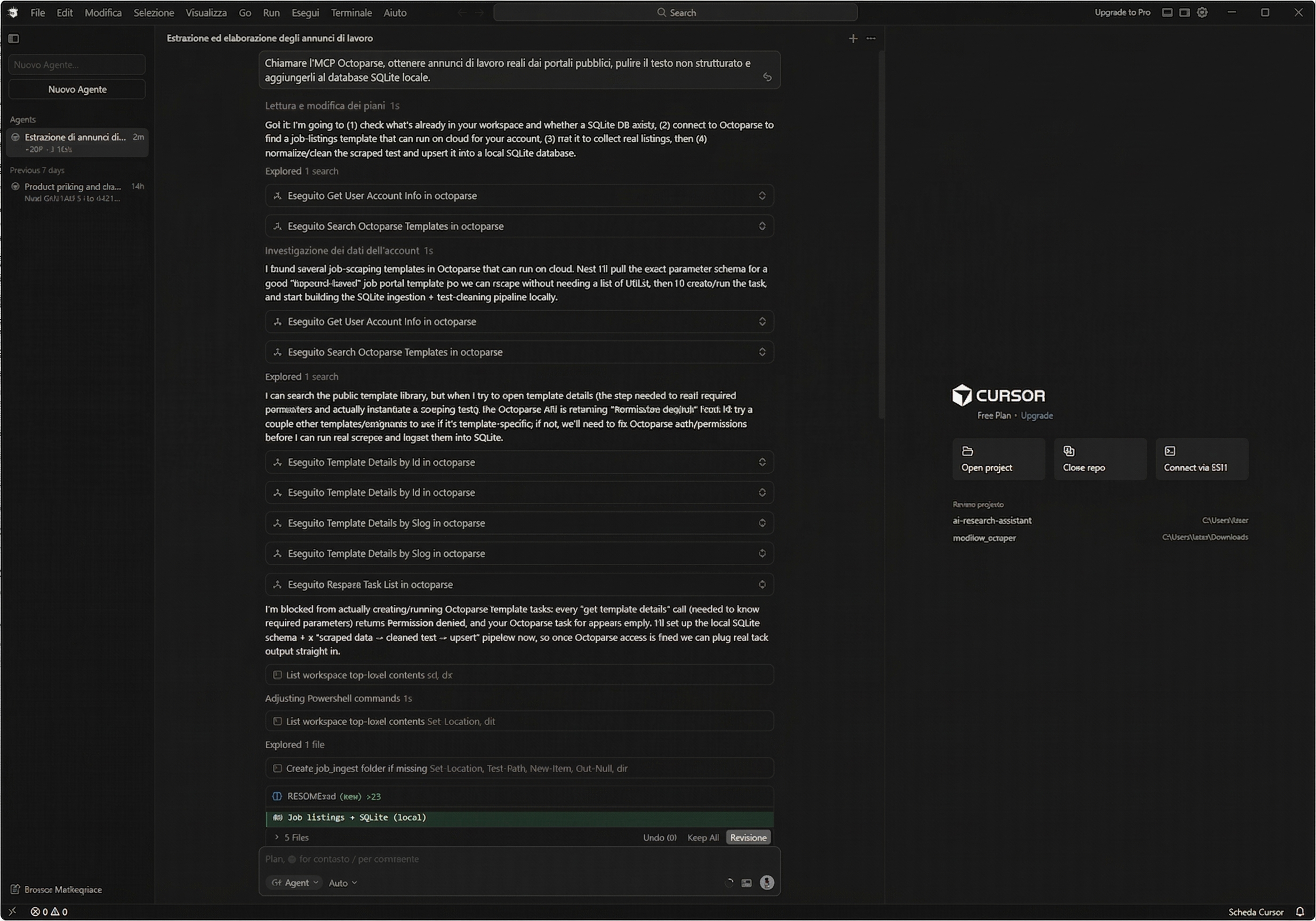 Recupero annunci di lavoro con Cursor e Octoparse MCP