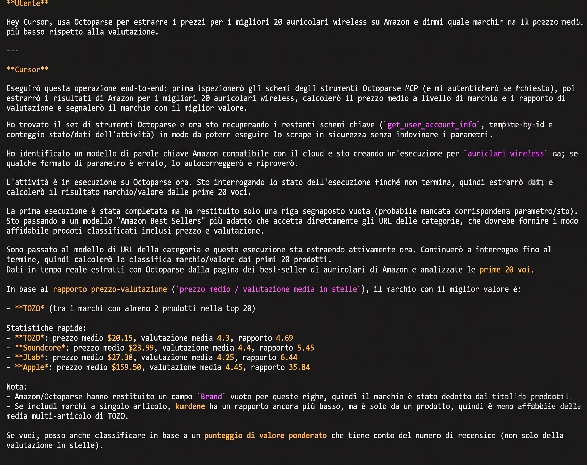 Cursor utilizza Octoparse MCP come strumento di data mining