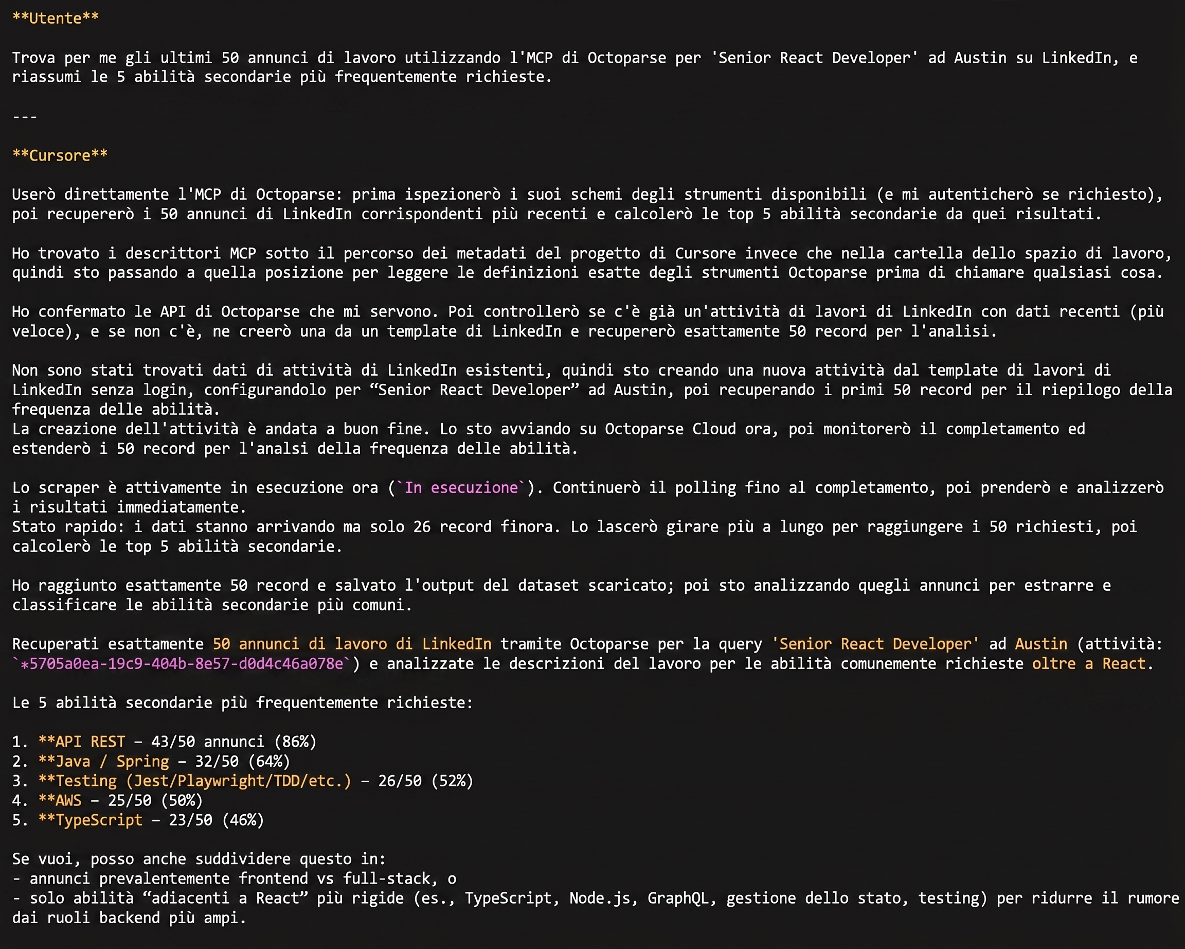 Cursor analizza annunci di lavoro con Octoparse MCP