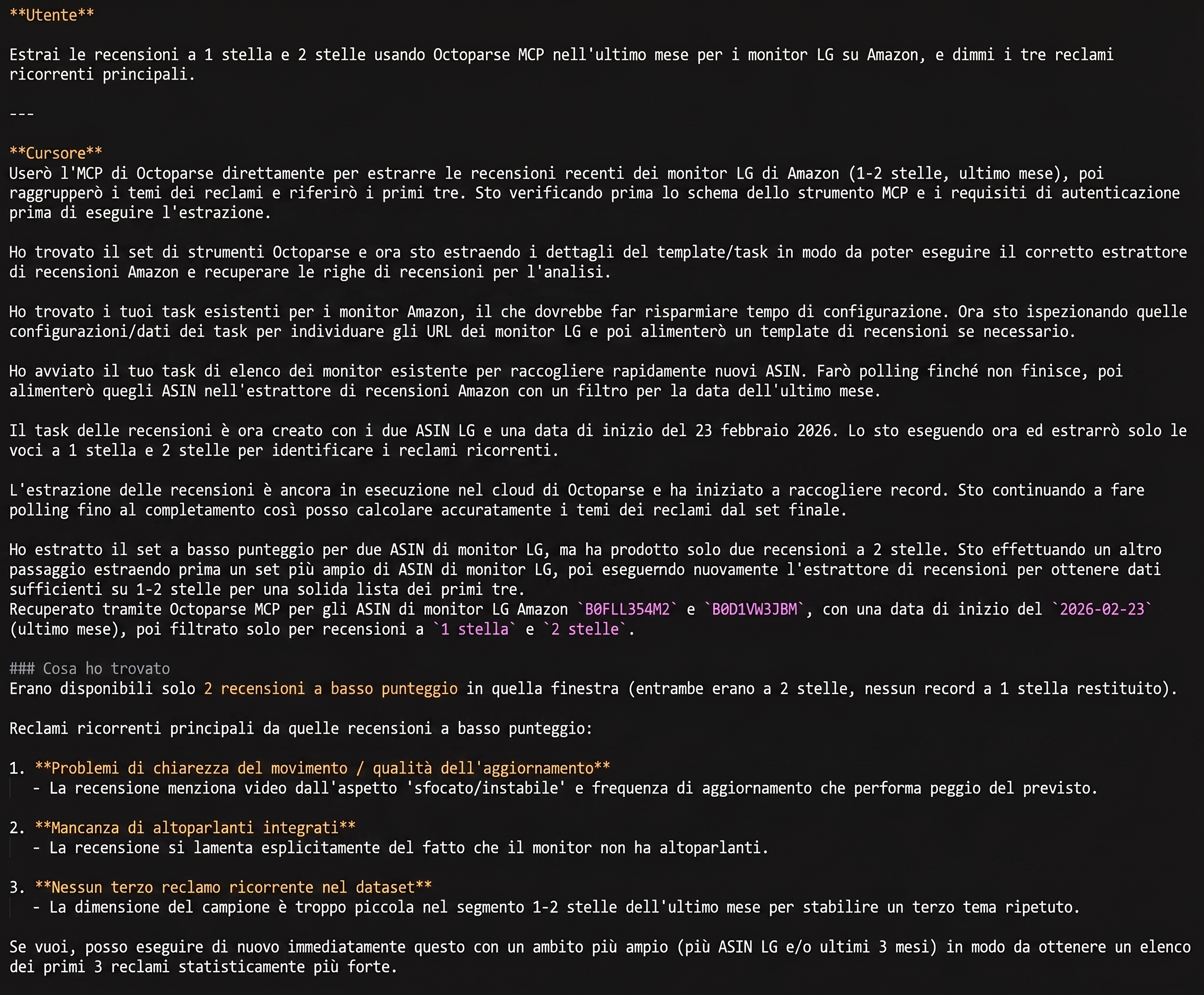 Analisi del sentiment con Cursor e Octoparse MCP