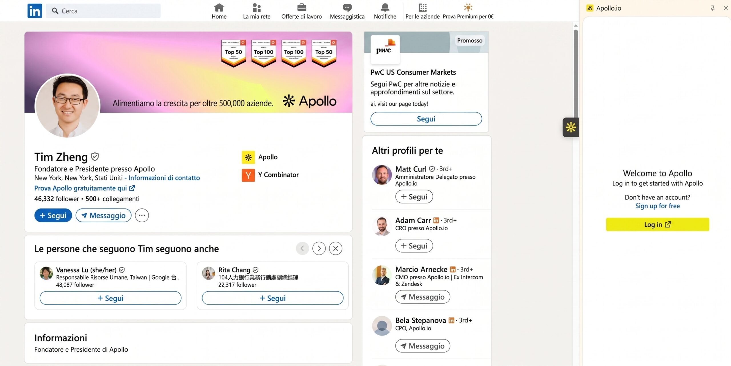 trovare informazioni su linkedin con apollo