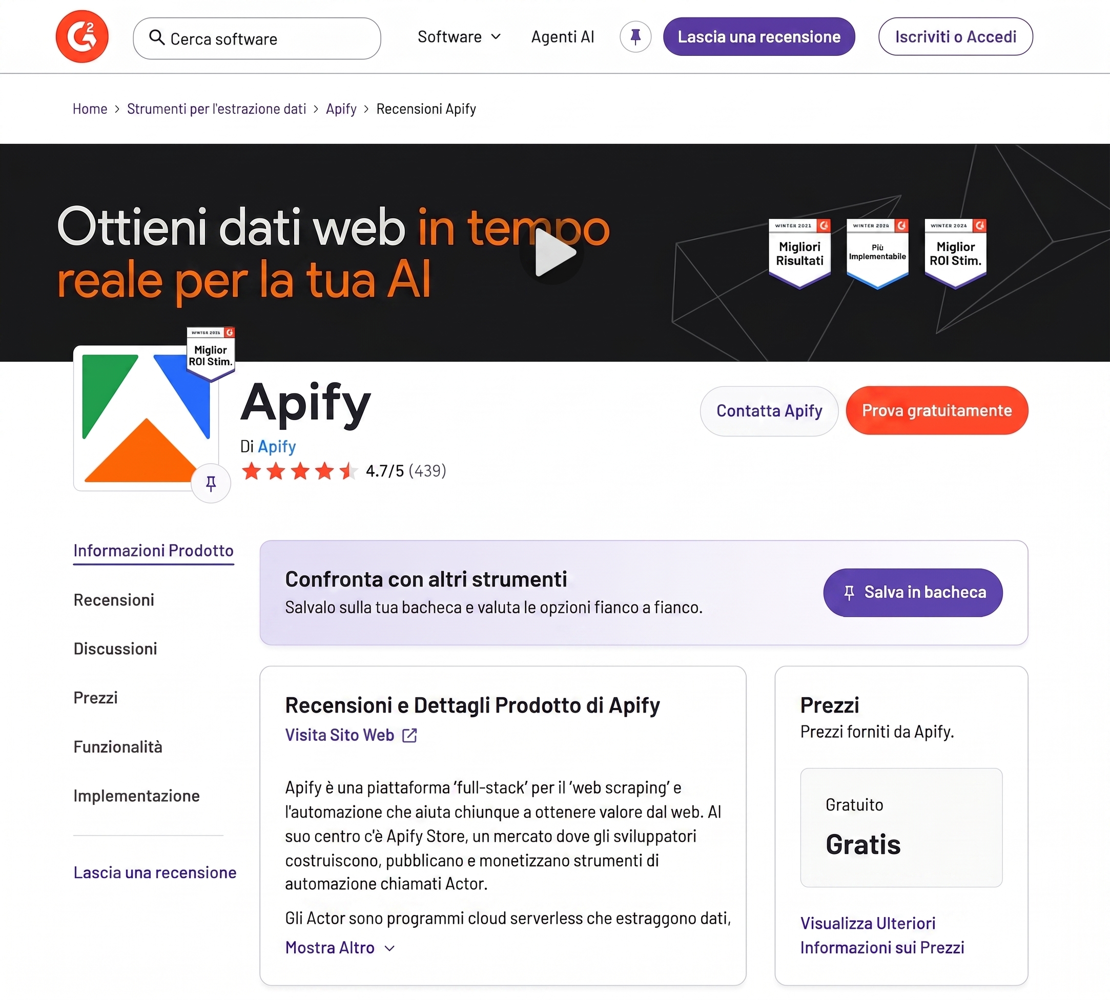 Valutazione G2 di Apify