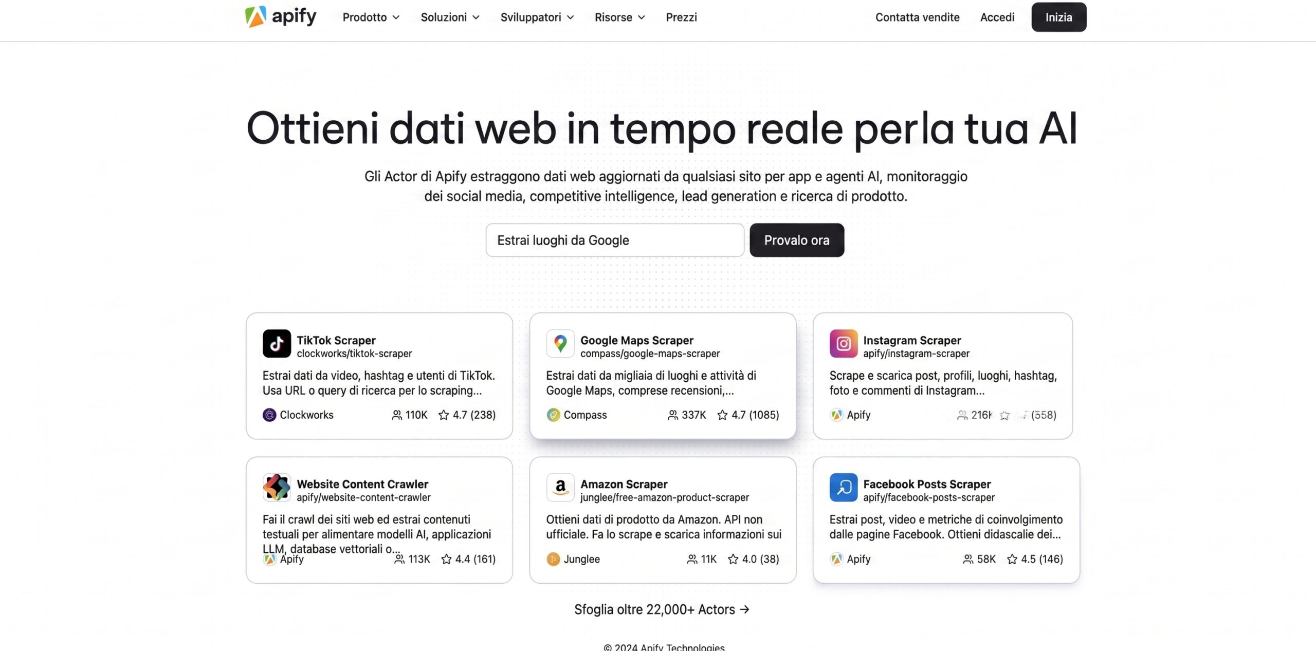 Piattaforma cloud Apify per scraper preconfigurati