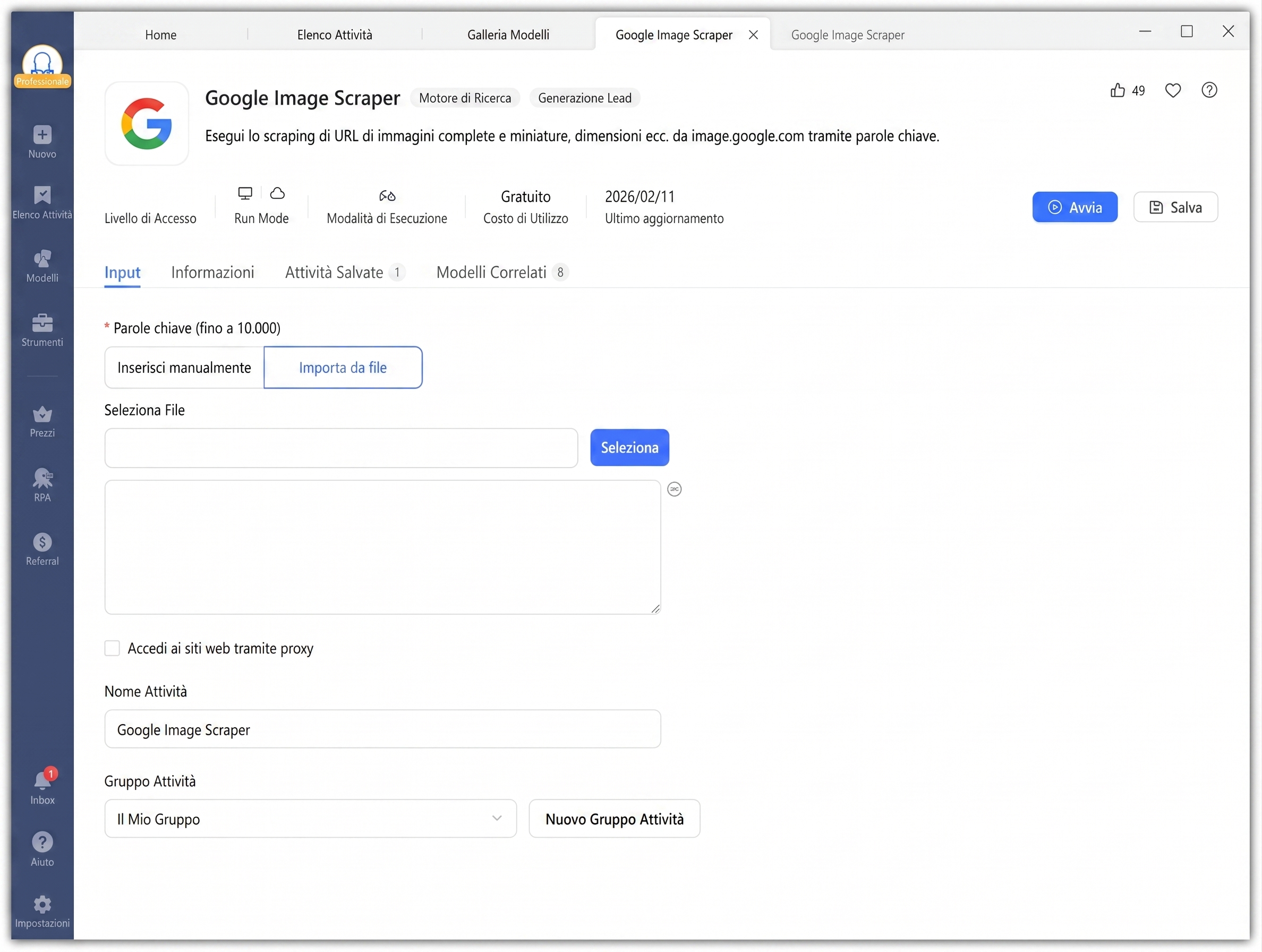 Inserimento delle parole chiave nel template di Octoparse
