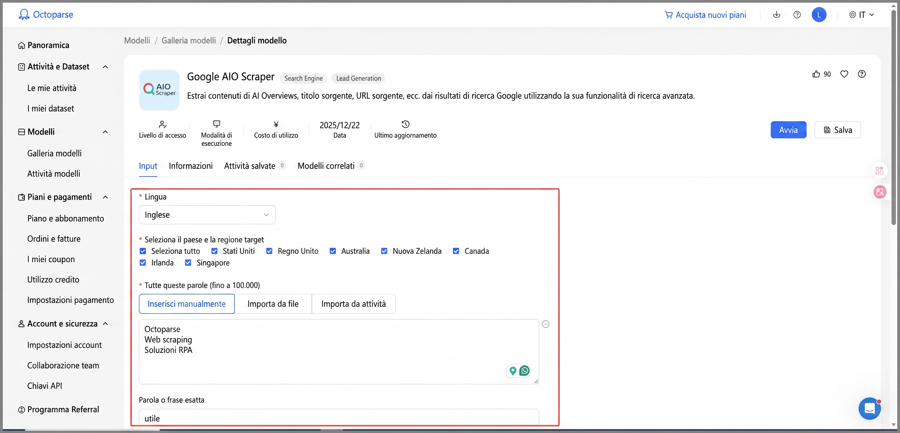impostare le parole chiave per lo scraping google ai overview