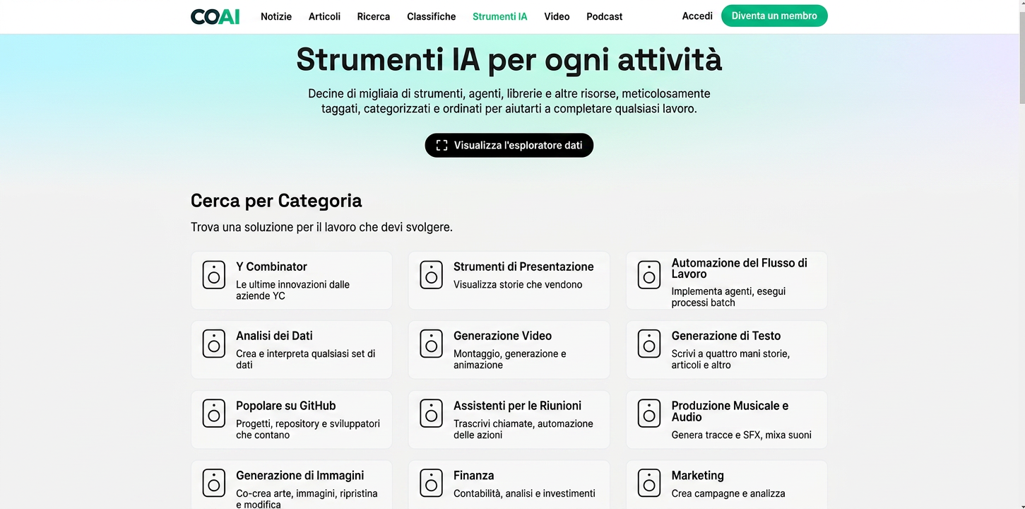 Piattaforma GetCOAI per scoprire come fare web scraping di strumenti IA