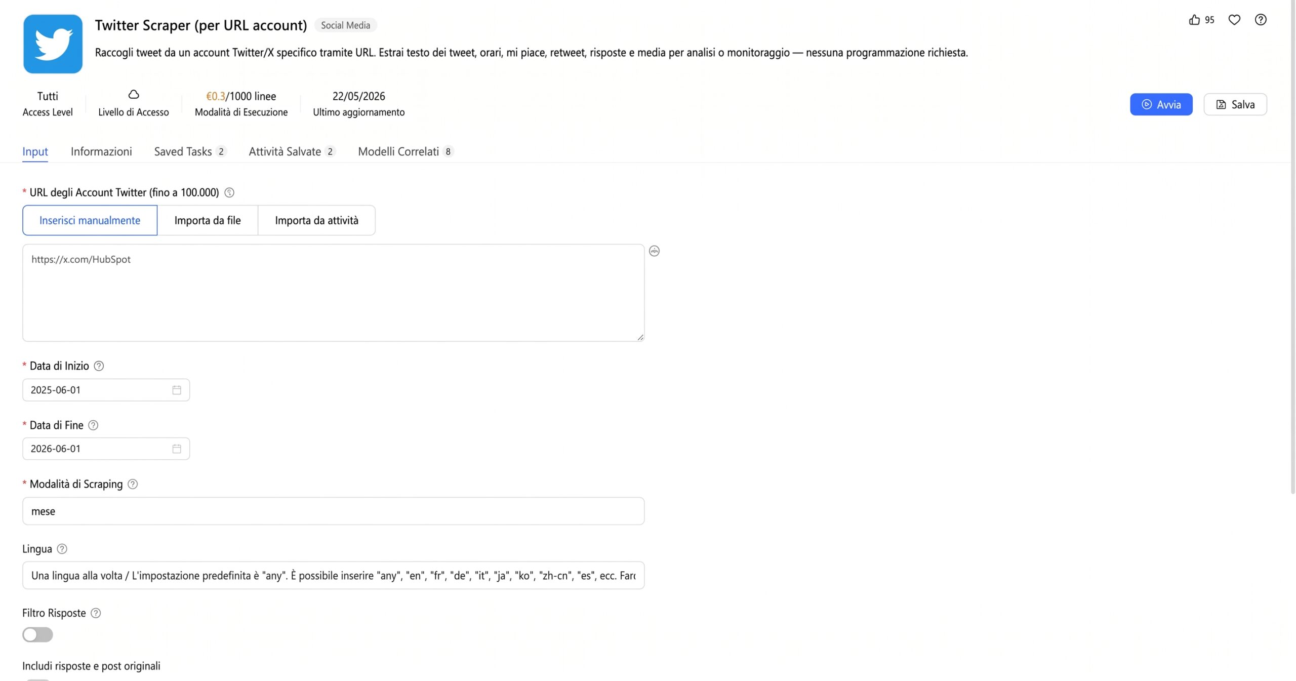Inserimento URL account Twitter su Octoparse per analisi competitor social media