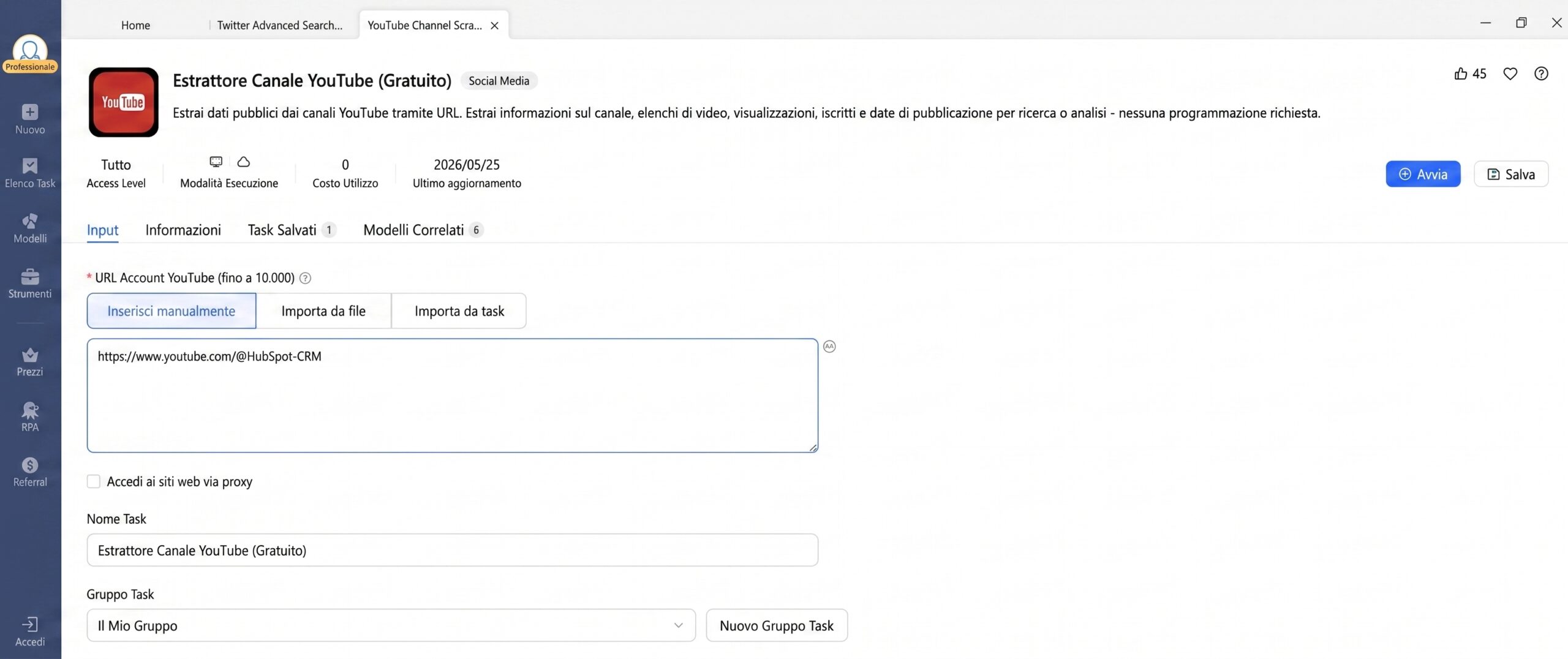 Inserimento URL del canale YouTube nel modello di scraping per l'analisi dei concorrenti