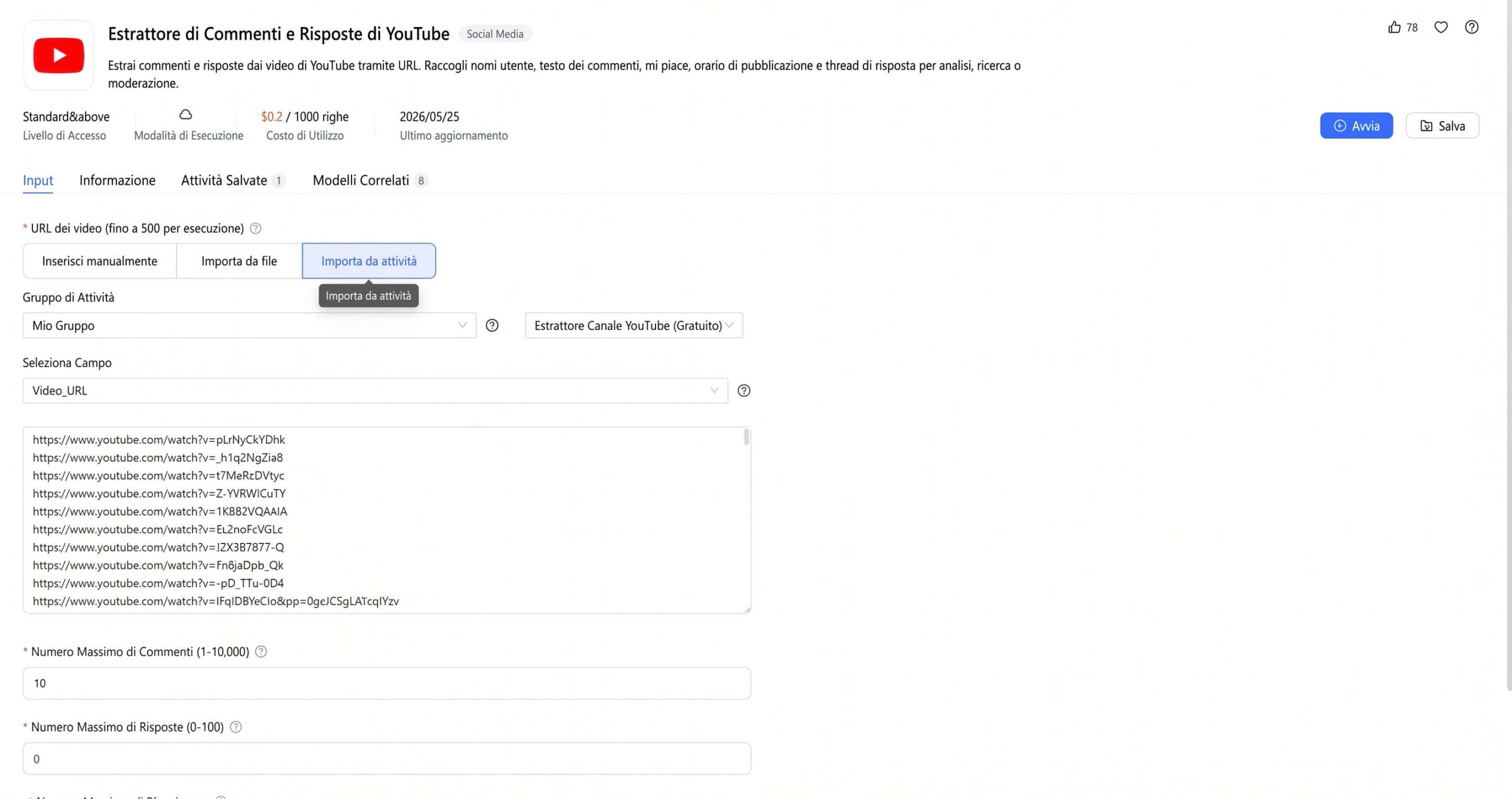 Importazione degli URL dei video YouTube nel modello di scraping dei commenti