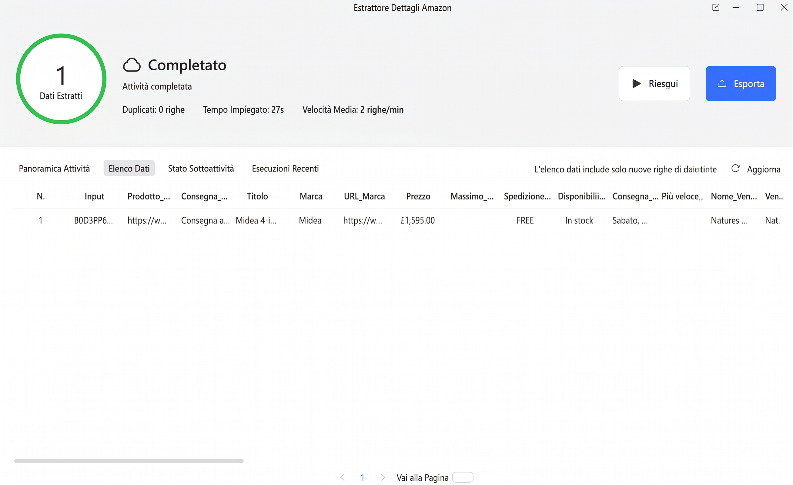 Risultato dello stato dello stock dell'Amazon Details Scraper