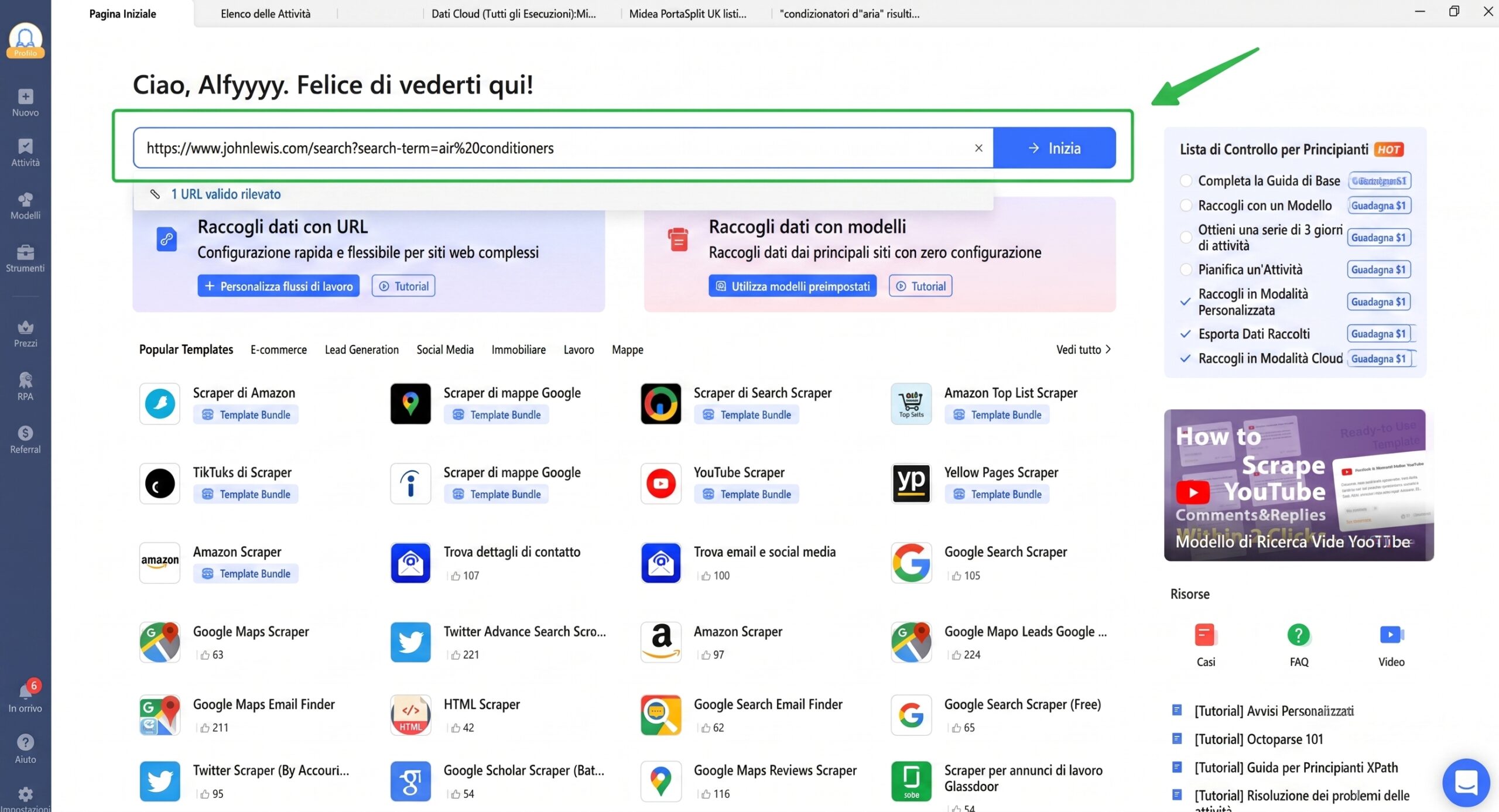 Nuova attività Octoparse con l'URL di ricerca di John Lewis