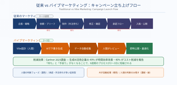 図2：従来 vs バイブマーケティング — キャンペーン立ち上げフロー比較