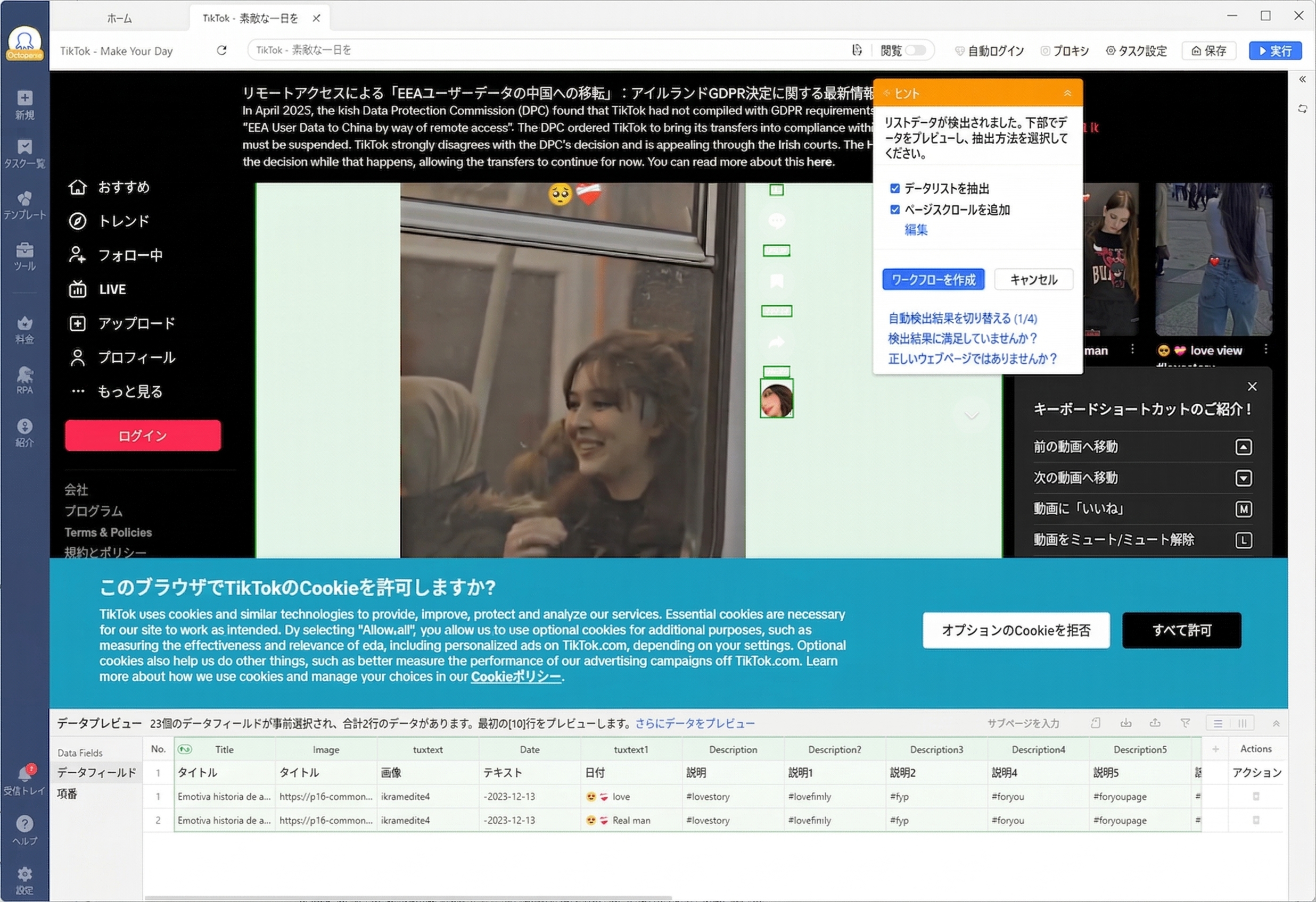 TikTok動画URLの入力画面