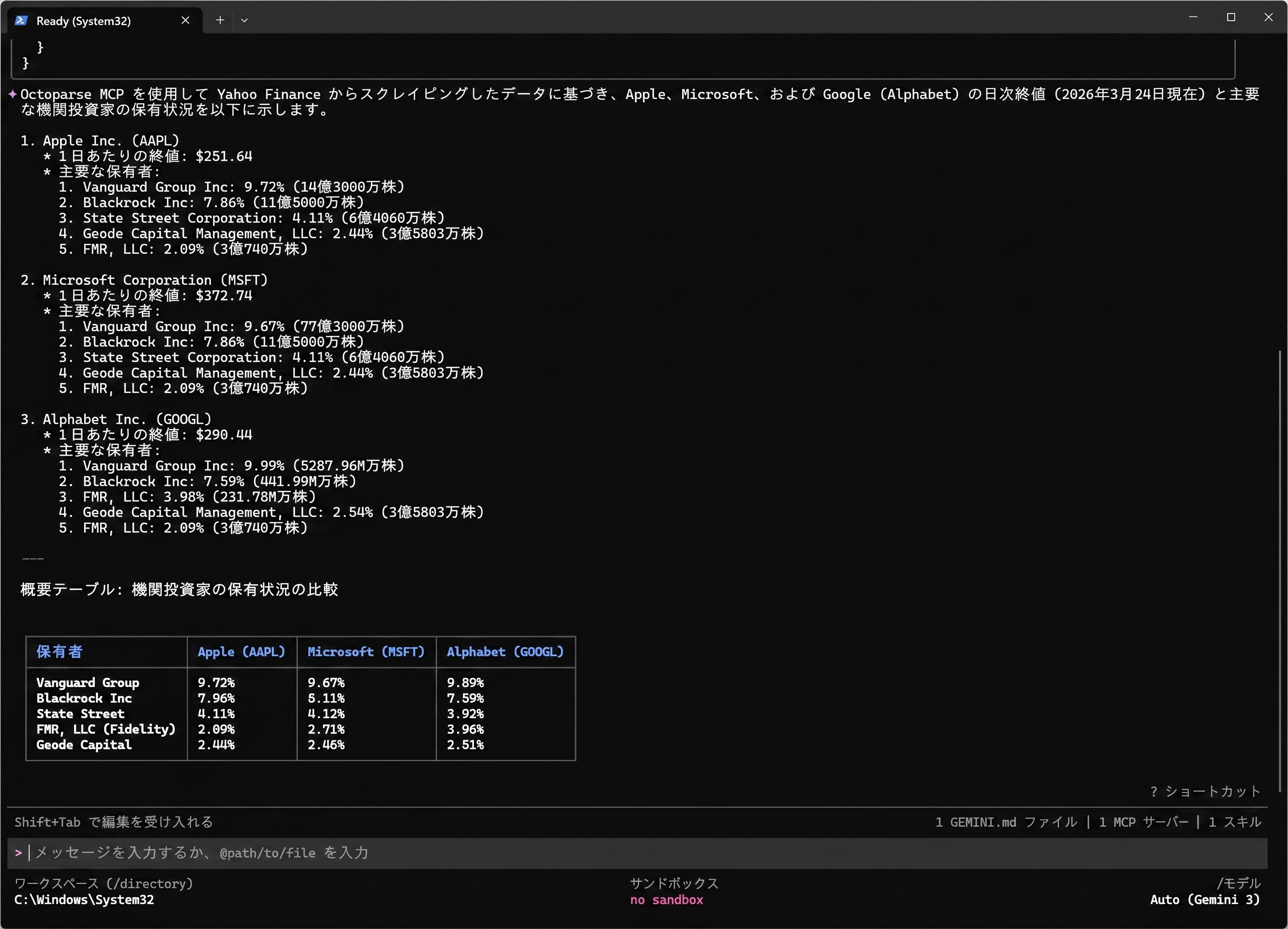Octoparse MCPを利用したGeminiの財務データ抽出画面