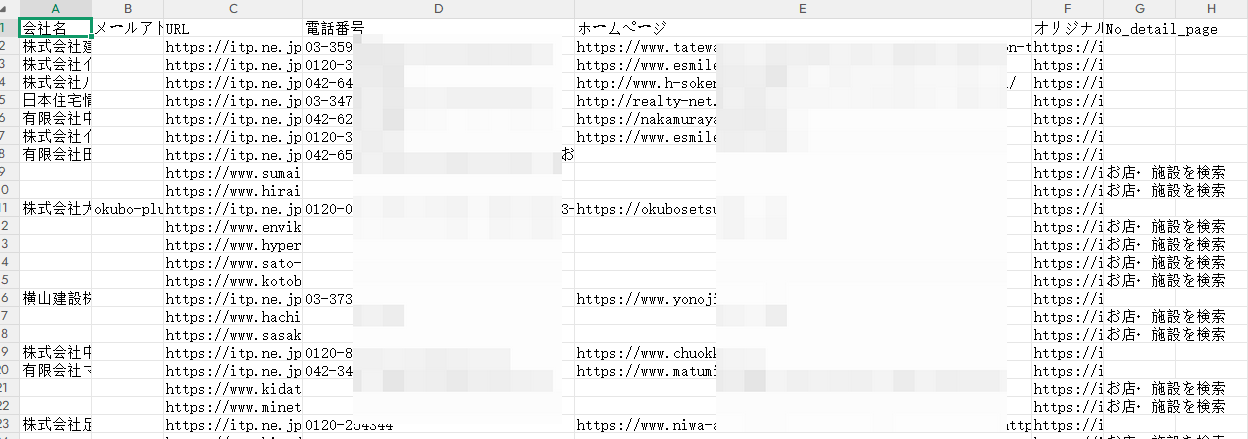 Octoparseの「iタウンページ 店舗・施設_詳細ページ」テンプレートで収集してきた法人リスト
