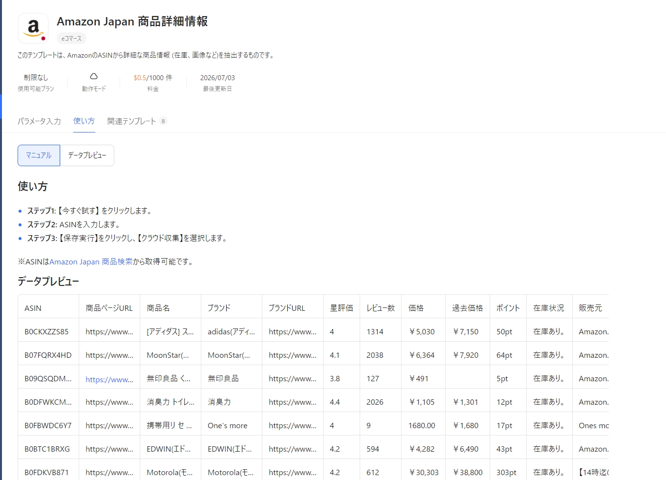 OctoparseのAmazon商品詳細情報テンプレートを試してみました