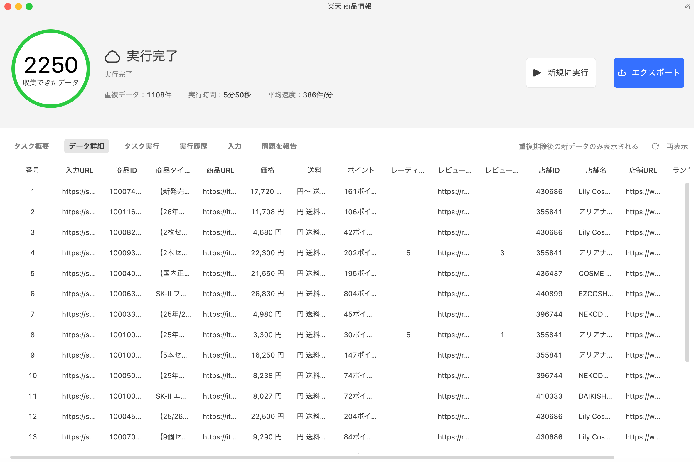 データをエクスポート 楽天 価格 推移